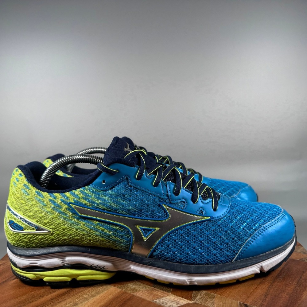 Mizuno Wave Rider 19 Mens Running Shoes Blue Yellow Silver 410734 Size 10.5